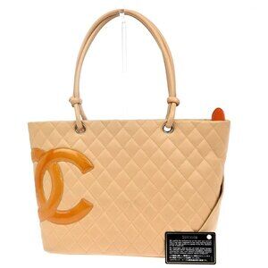 CHANEL CC Logo Cambon Shoulder Tote Hand Bag Leather Beige SHW Italy 674RF915